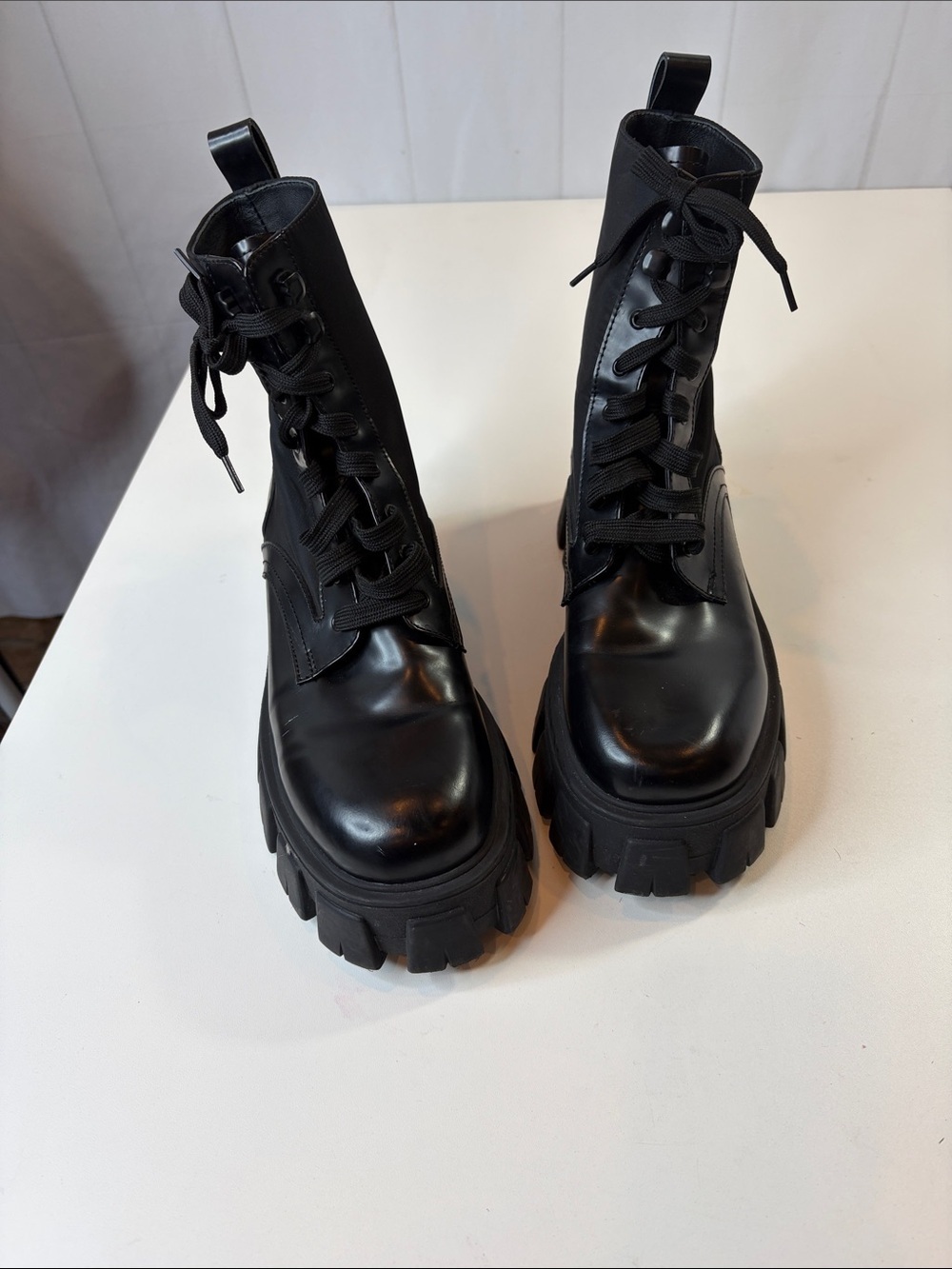 Prada Black Leather & Nylon Lug Sole Platform Combat Boots EU 38 Made in Italy - Picture 13 of 17
